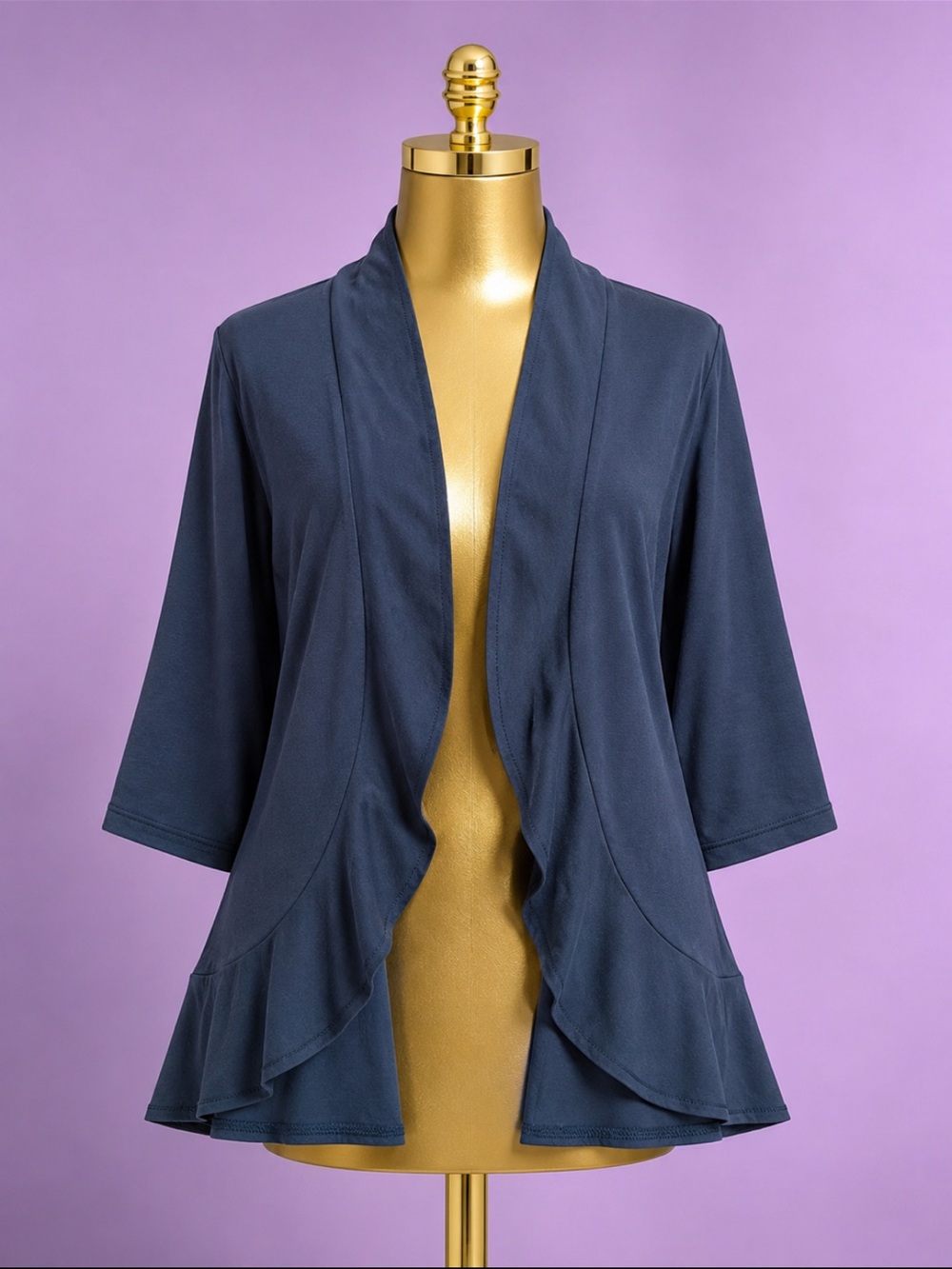 Navy Open Front Ruffle Hem Cardigan